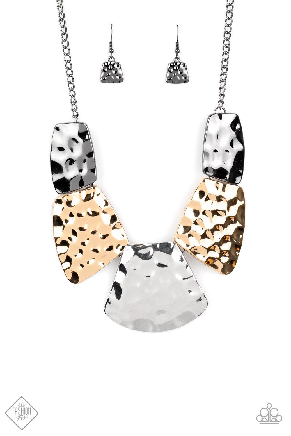 Paparazzi Accessories HAUTE Plates ~Multi A collection of oversized silver, gold, and gunmetal plates connect below the collar, creating a fearless statement piece. Each metallic plate is hammered in texture, adding industrial grit and endless sheen to th