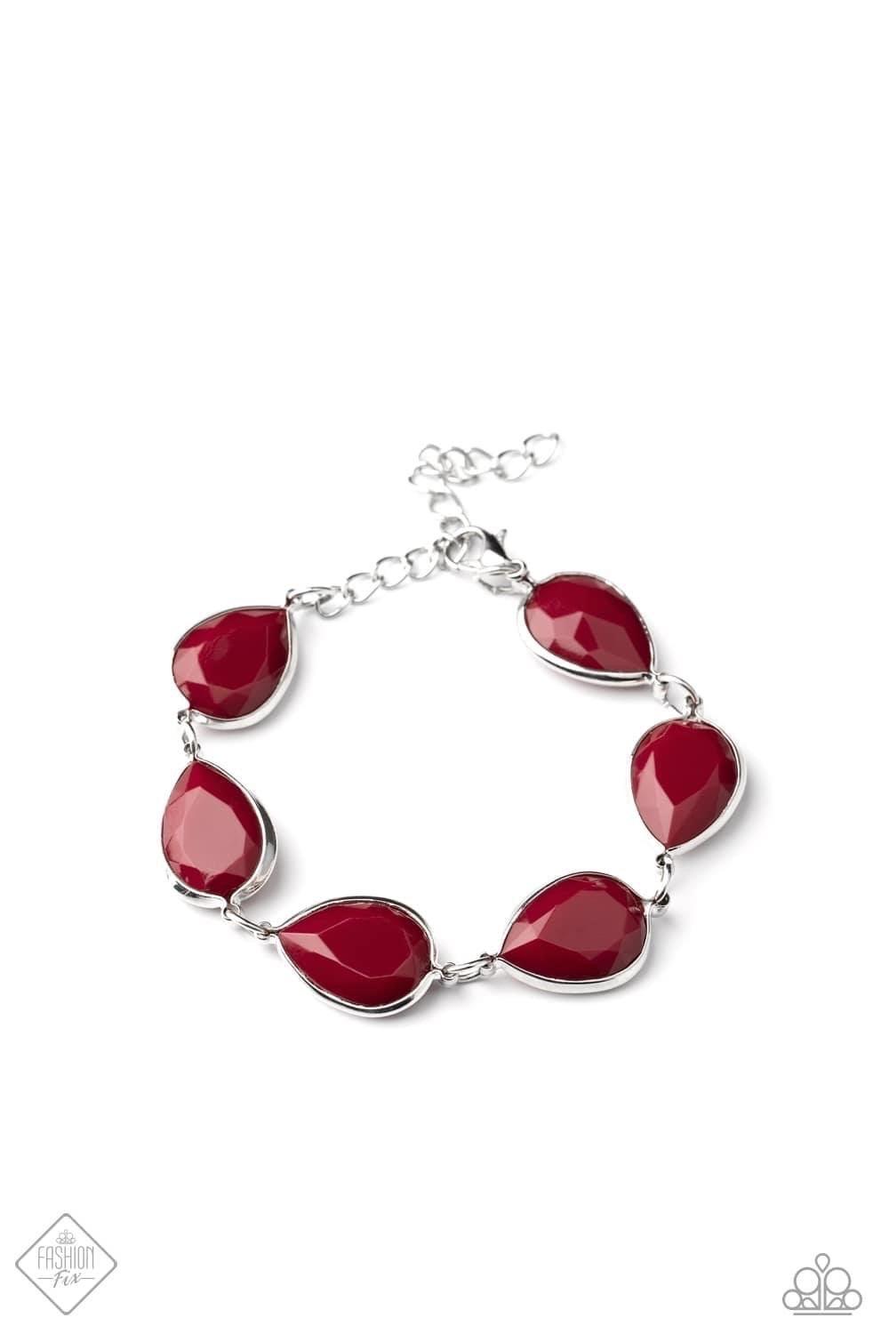 Paparazzi Accessories REIGNy Days - Red Encased in sleek silver frames, faceted Wine acrylic teardrops delicately link around the wrist for an elegant pop of color. Features an adjustable clasp closure. Sold as one individual bracelet. Jewelry