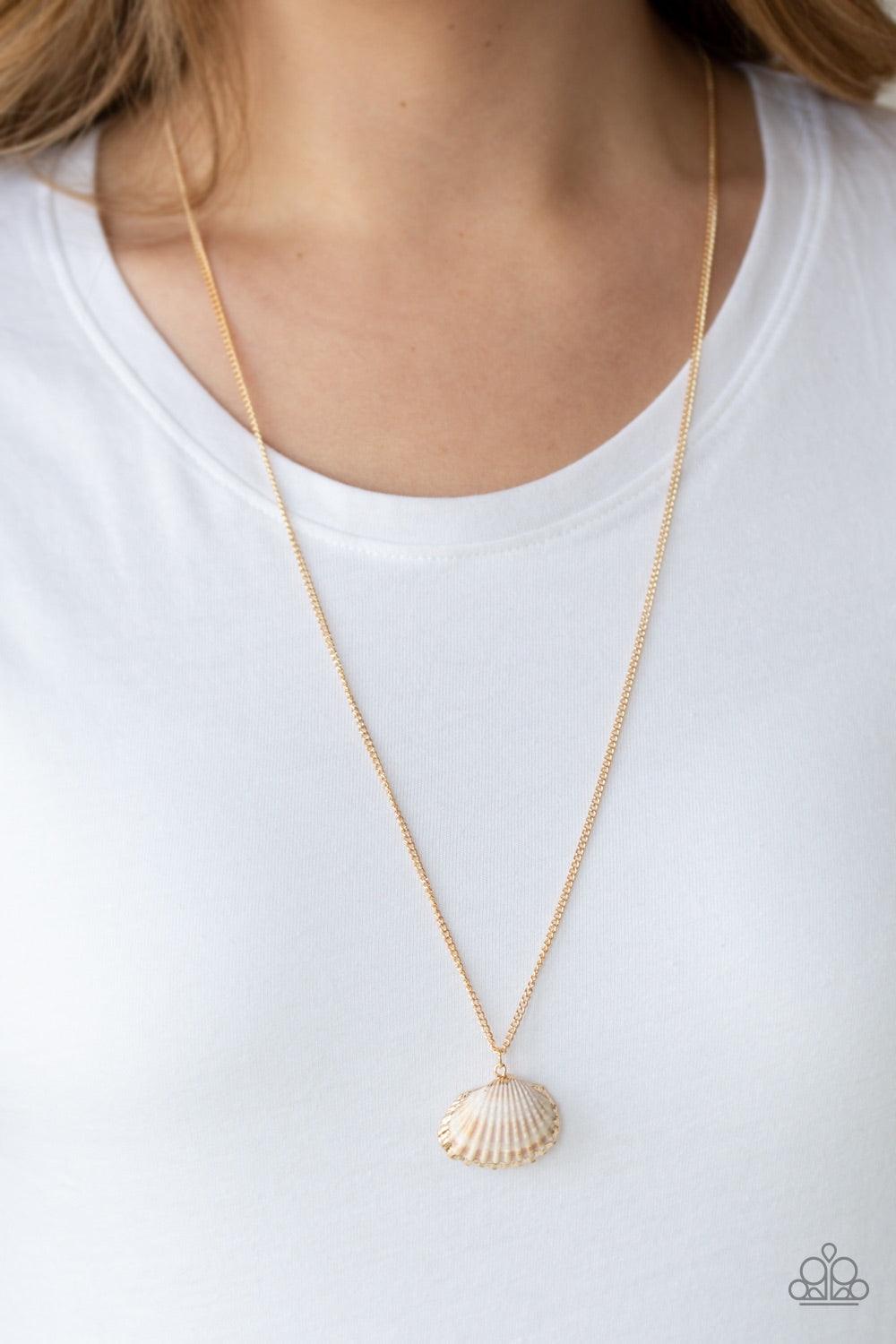 Paparazzi Accessories Show And SHELL - Gold Bordered in a shimmery gold finish, a white seashell swings from the bottom of a lengthened gold chain for a summery flair. Features an adjustable clasp closure. Jewelry