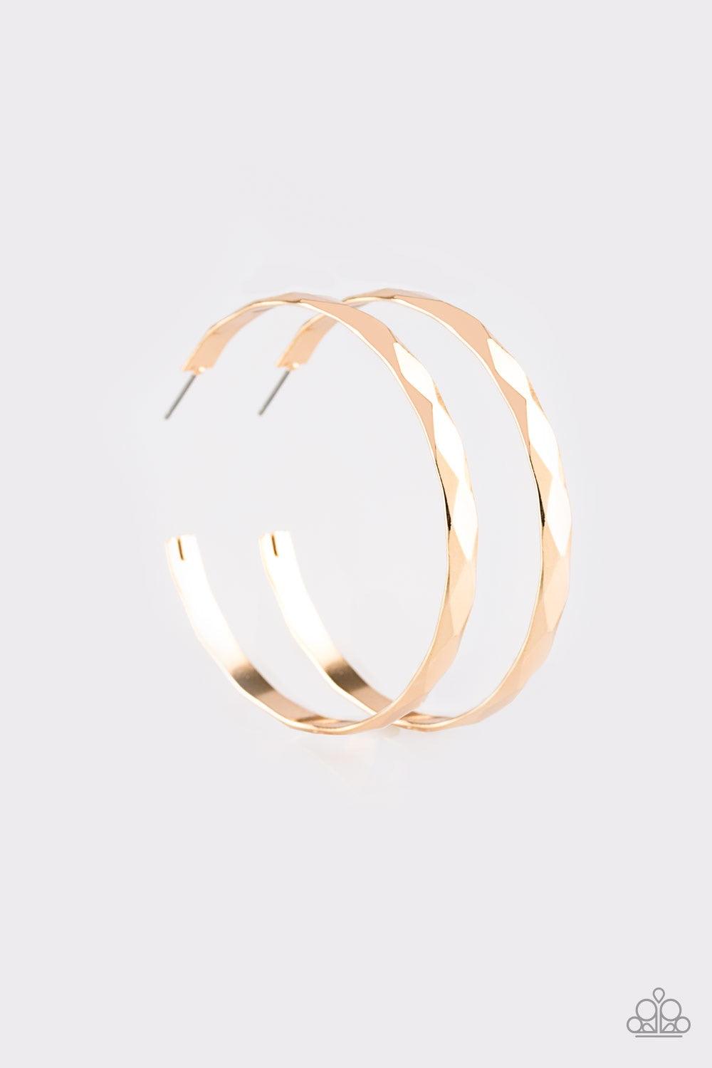 Paparazzi Accessories Hey, HAUTE Stuff - Gold Featuring edgy diamond-cut texture, a glistening gold hoop curls around the ear in a bold industrial fashion. Earring attaches to a standard post fitting. Hoop measures 2 1/4” in diameter. Jewelry
