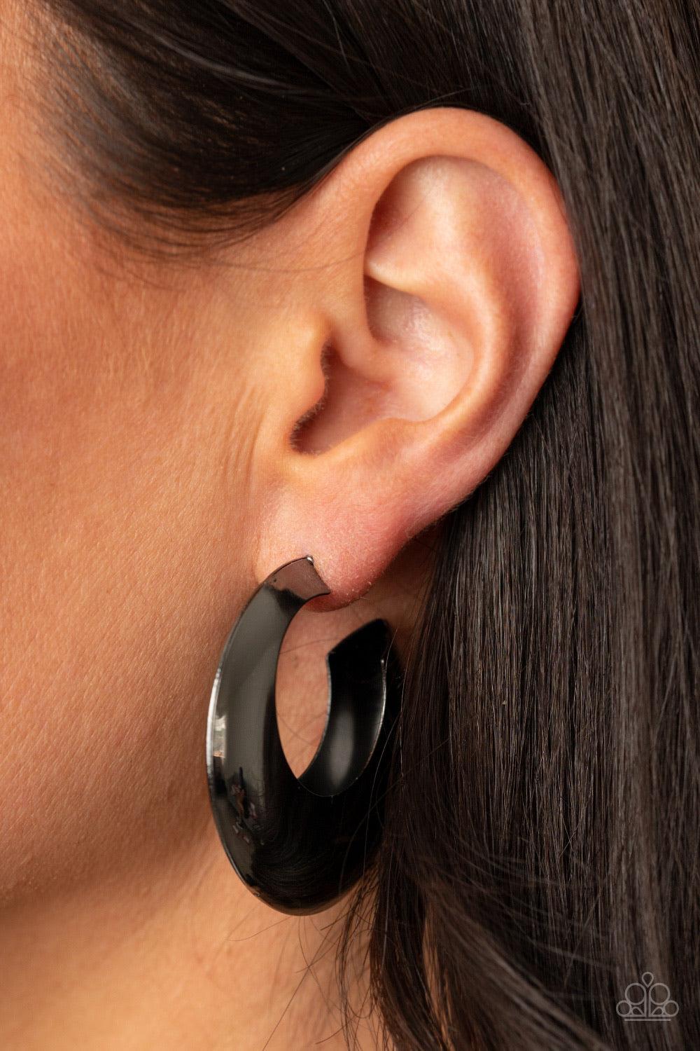 Paparazzi Accessories Chic CRESCENTO - Black Two flat gunmetal crescent frames delicately connect into a hollowed out hoop for a dramatic finish. Earring attaches to a standard post fitting. Hoop measures approximately 2 3/4" in diameter. Sold as one pair