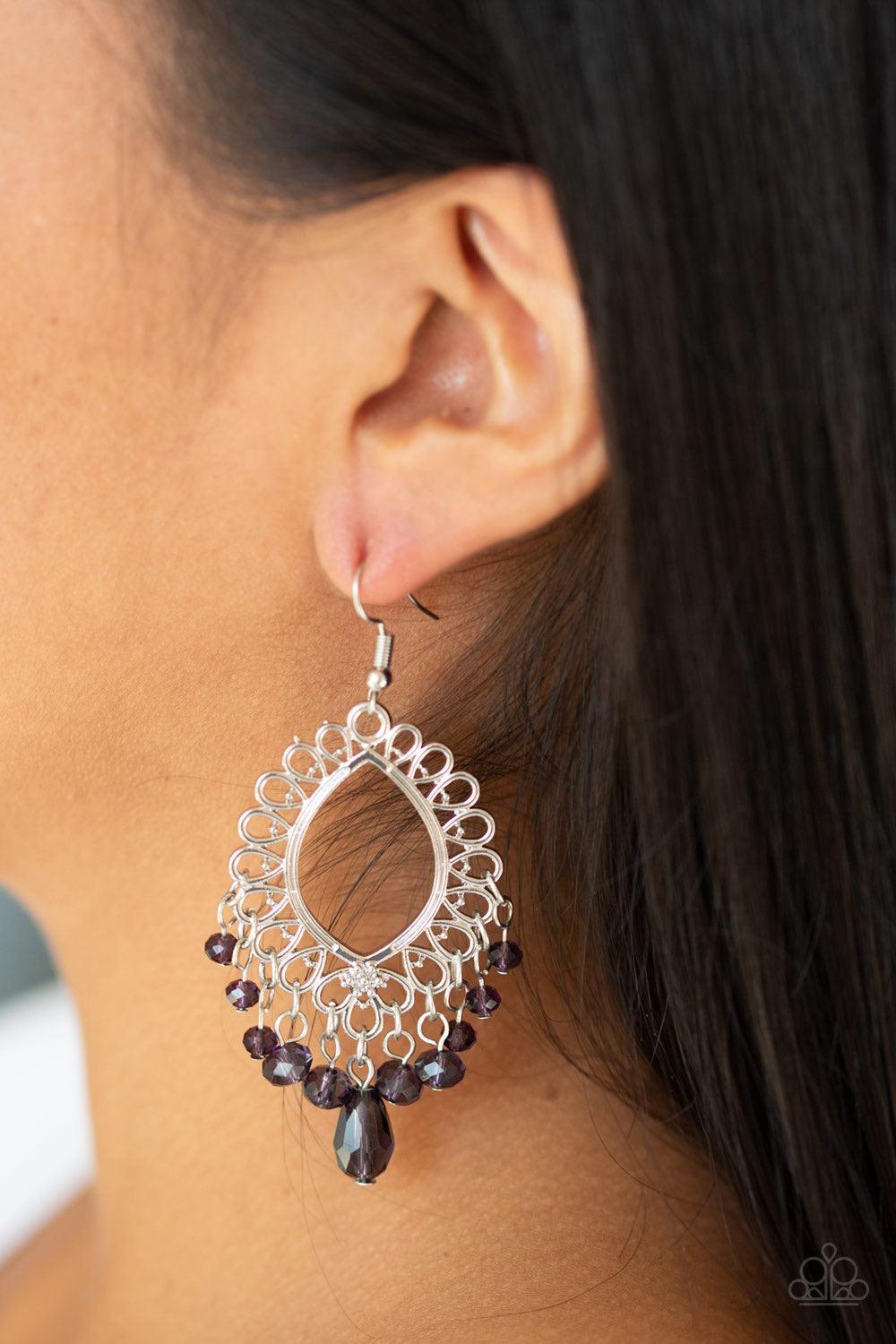 Paparazzi Accessories Just Say NOIR - Purple Glassy purple beading swings from the bottom of a frilly silver frame, creating a whimsical fringe. Earring attaches to a standard fishhook fitting. Jewelry