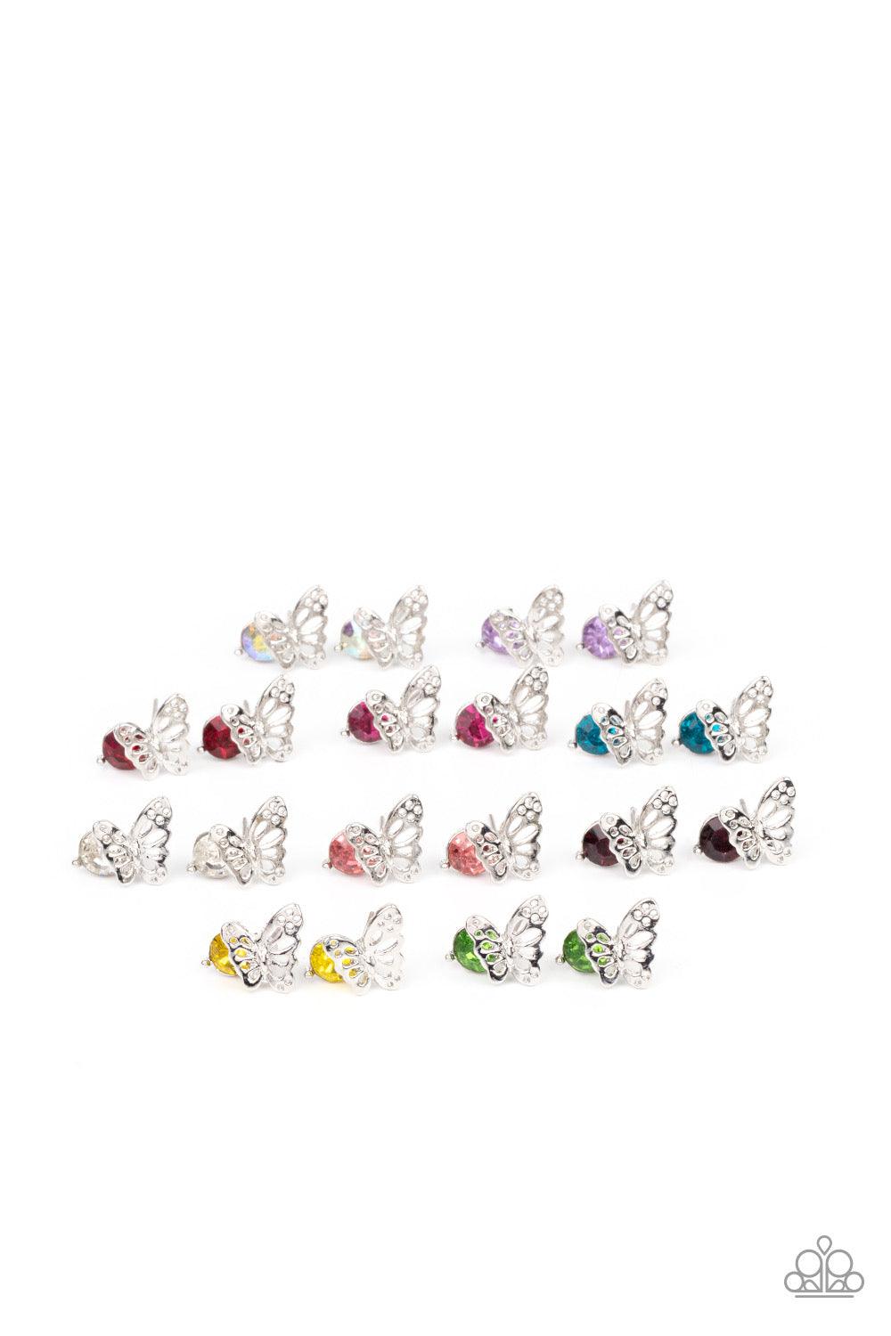 Paparazzi Accessories Starlet Shimmer Earrings #21: - Light Pink Airy silver butterfly frames featuring glittery rhinestones vary in shades of green, yellow purple, pink, white, blue, red, purple, and multicolored. Earrings attach to standard post fitting