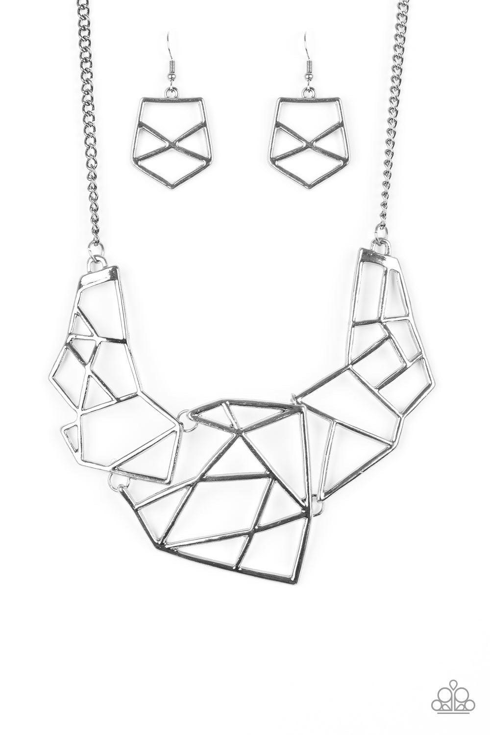 Paparazzi Accessories World Shattering - Black Shattered gunmetal plates link below the collar, coalescing into an edgy geometric pendant. Features an adjustable clasp closure. Sold as one individual necklace. Includes one pair of matching earrings. Jewel