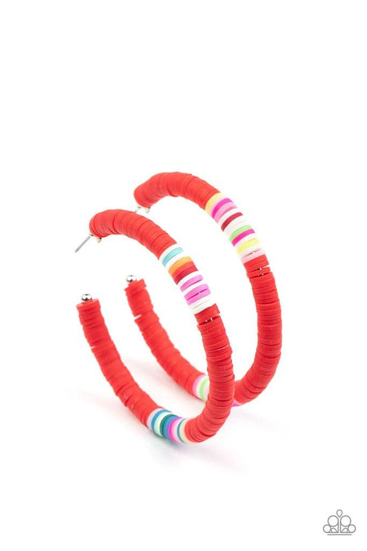 Paparazzi Accessories Colorfully Contagious - Red Rubbery red, blue, green, pink, orange, yellow, and white bands are threaded along an oversized silver hoop, creating a courageous pop of color. Earring attaches to a standard post fitting. Hoop measures a