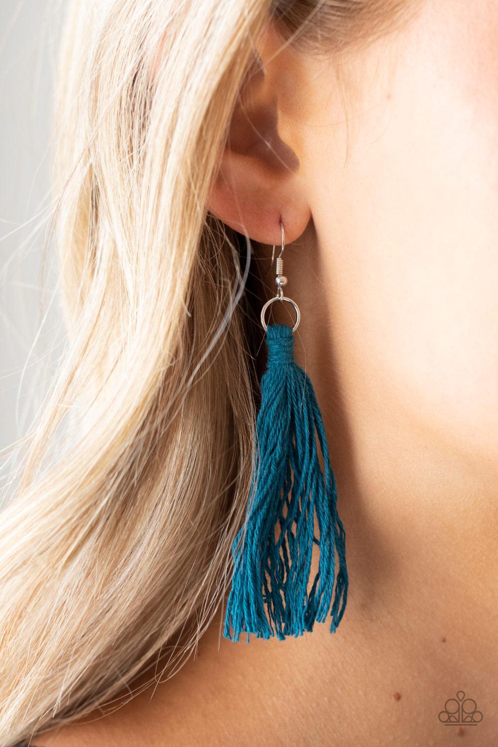 Paparazzi Accessories Between You and Macrame - Blue Refreshing Mosaic Blue cording delicately wraps around a dainty wooden dowel, knotting into a tasseled macramé centerpiece at the bottom of a dramatically lengthened display. Features an adjustable slid