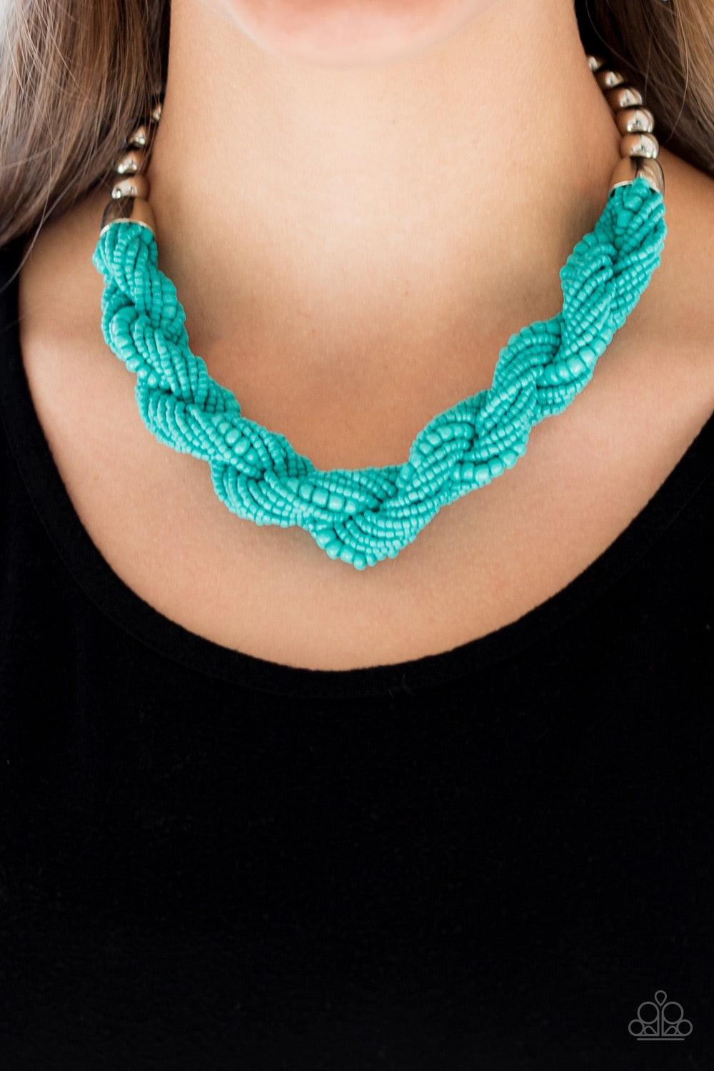 Paparazzi Accessories Savannah Surfin - Blue Glistening silver beads give way to strands of twisting turquoise seed beads below the collar for a summery flair. Features an adjustable clasp closure. Jewelry