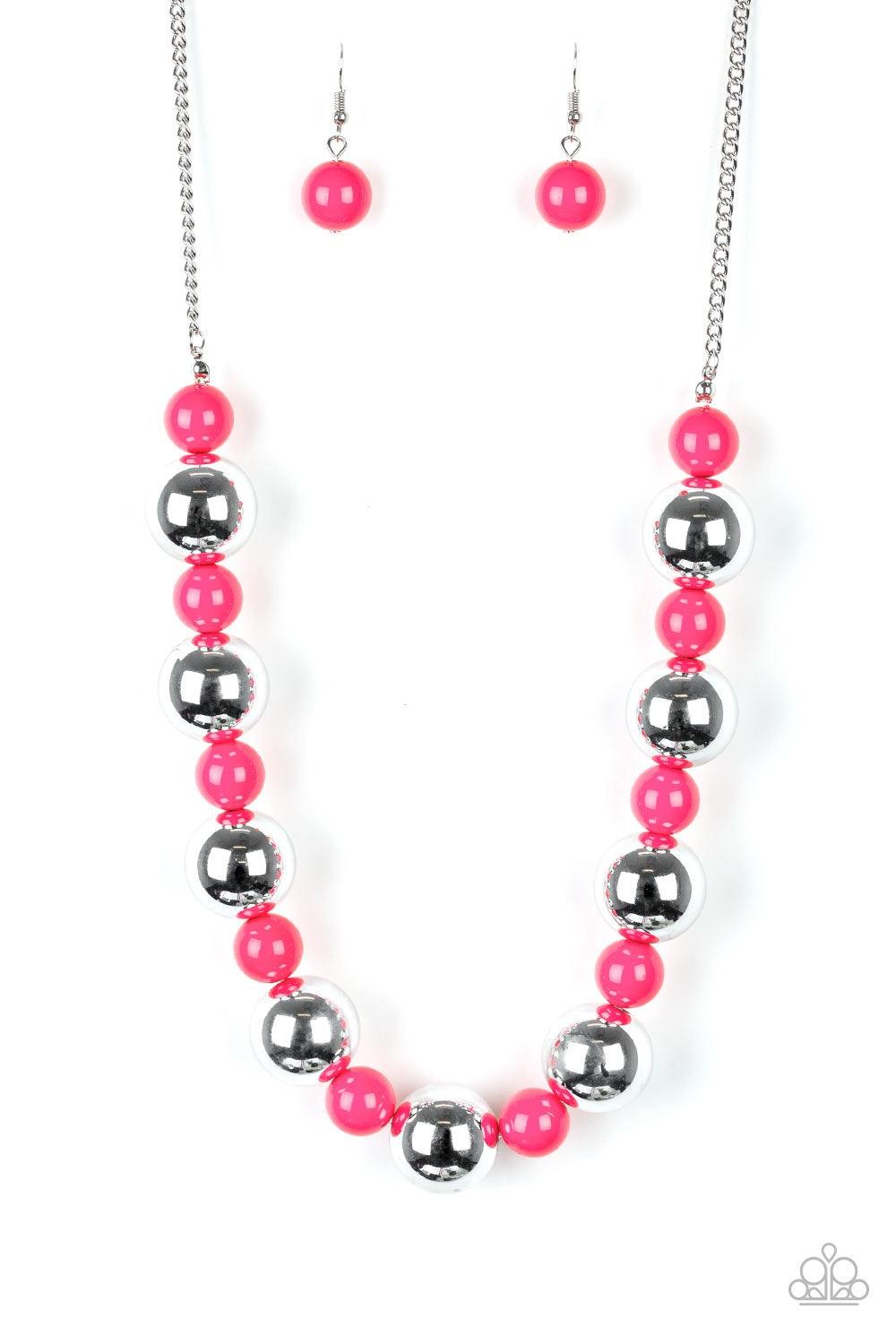 Paparazzi Accessories Top Pop - Pink Polished pink beads and dramatic silver beads drape below the collar for a perfect pop of color. Features an adjustable clasp closure. Jewelry