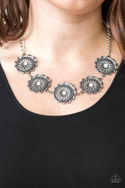 Paparazzi Accessories ME-dallions, Myself, and I - White Infused with shiny white beaded centers, ornate floral stamped frames link below the collar for a colorfully, seasonal look. Features an adjustable clasp closure. Sold as one individual necklace. In