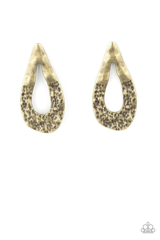 Paparazzi Accessories Industrial Antiquity - Brass The bottom of a warped brass teardrop frame is hammered in rustic details, creating a tactile display. Earring attaches to a standard post fitting. Sold as one pair of post earrings. Jewelry