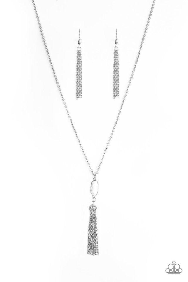 Paparazzi Accessories Tassel Tease - Silver Swinging from a lengthened silver chain, a faceted white bead gives way to a shimmery silver tassel for a whimsical look. Features an adjustable clasp closure. Sold as one individual necklace. Includes one pair