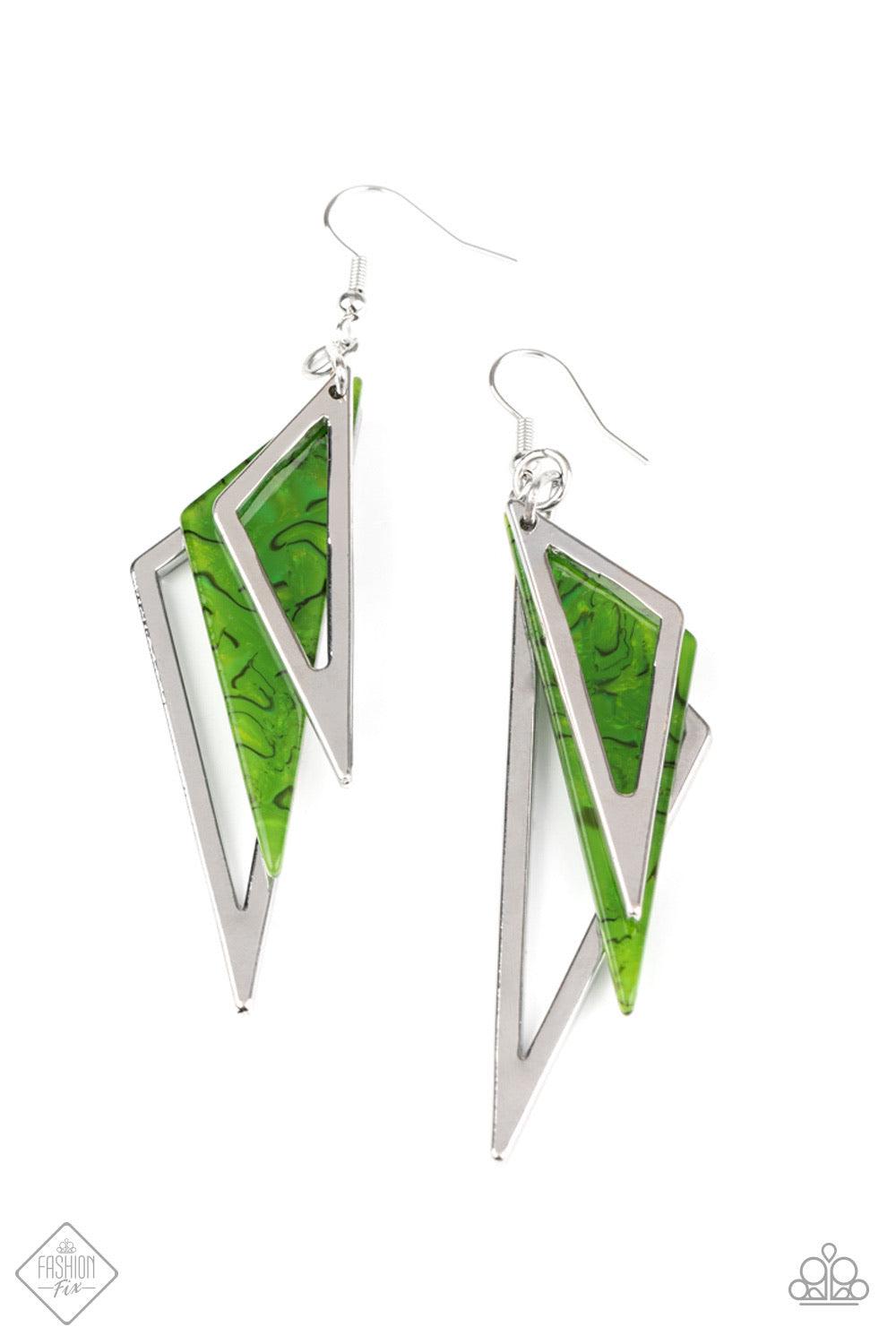 Paparazzi Accessories Evolutionary Edge - Green Featuring an abstract pattern, a green acrylic triangle is suspended between two shimmery silver triangular frames, creating a colorfully edgy lure. Earring attaches to a standard fishhook fitting. Sold as o