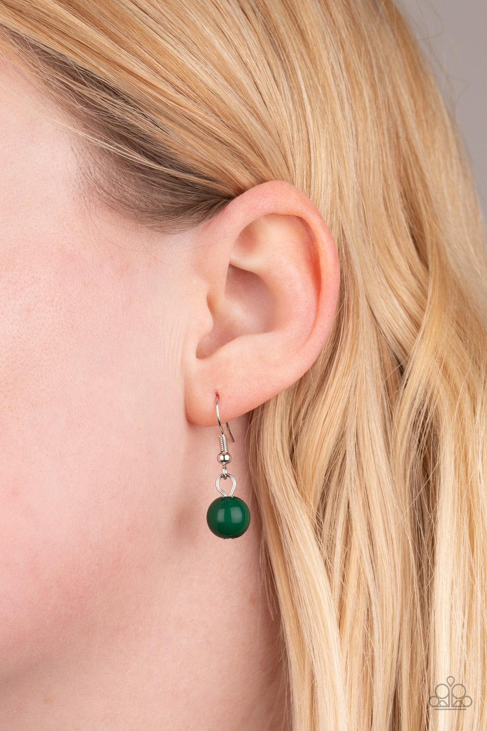 Paparazzi Accessories Bubbly Boardwalk - Green Pairs of green beads cascade from the bottoms of two silver chains, creating a vivaciously layered fringe below the collar. Features an adjustable clasp closure. Sold as one individual necklace. Includes one