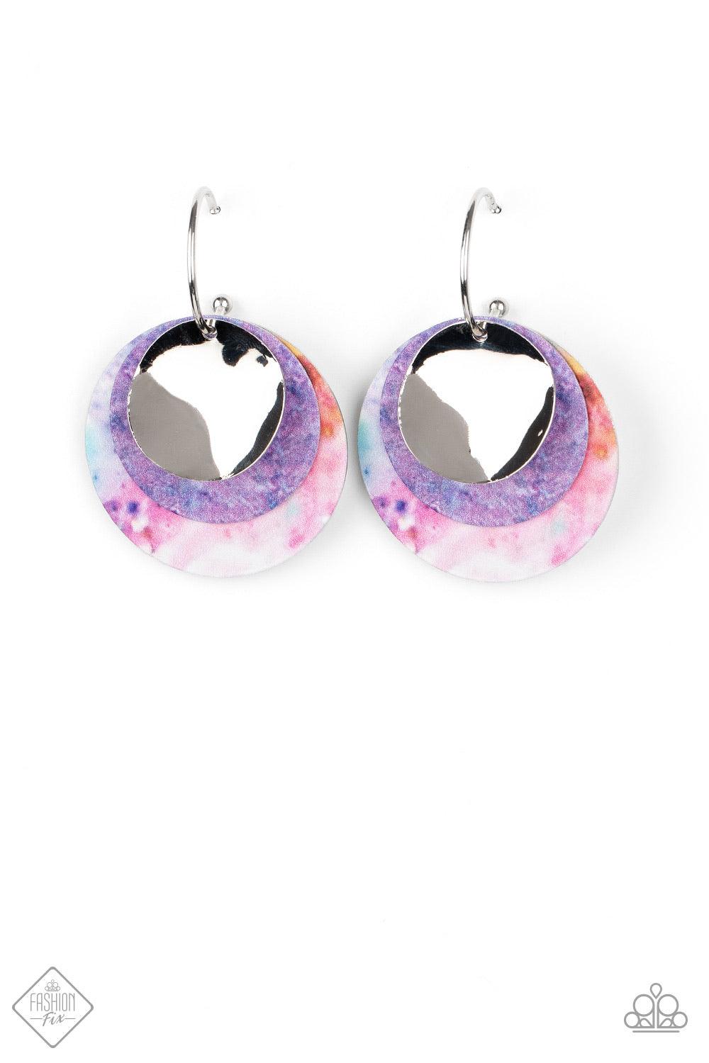Paparazzi Accessories Ride Or TIE DYE - Multi .Featuring a retro tie dye print, two flat colorful discs and a curved silver disc stack along a dainty silver hoop with a barbell cap to create a trendy throwback look. Earring attaches to a standard post fit