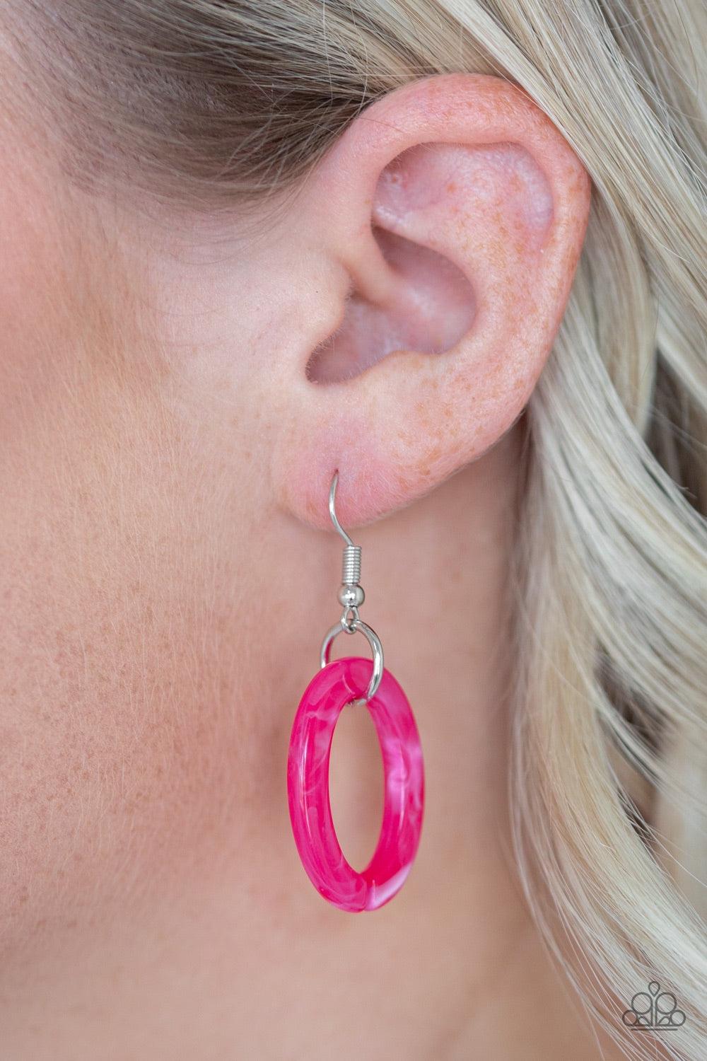 Paparazzi Accessories Turn Up The Heat - Pink Suspended from a shimmery silver chain, a collision of pink acrylic links connect below the collar in a statement-making fashion. Features an adjustable clasp closure. Jewelry