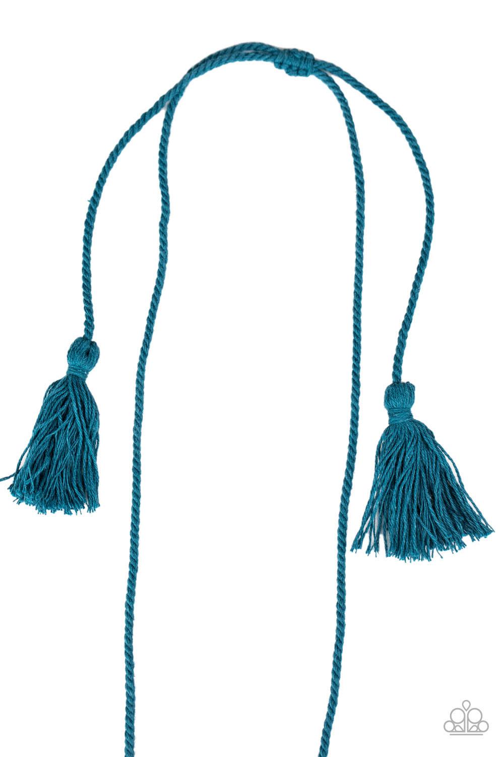 Paparazzi Accessories Between You and Macrame - Blue Refreshing Mosaic Blue cording delicately wraps around a dainty wooden dowel, knotting into a tasseled macramé centerpiece at the bottom of a dramatically lengthened display. Features an adjustable slid