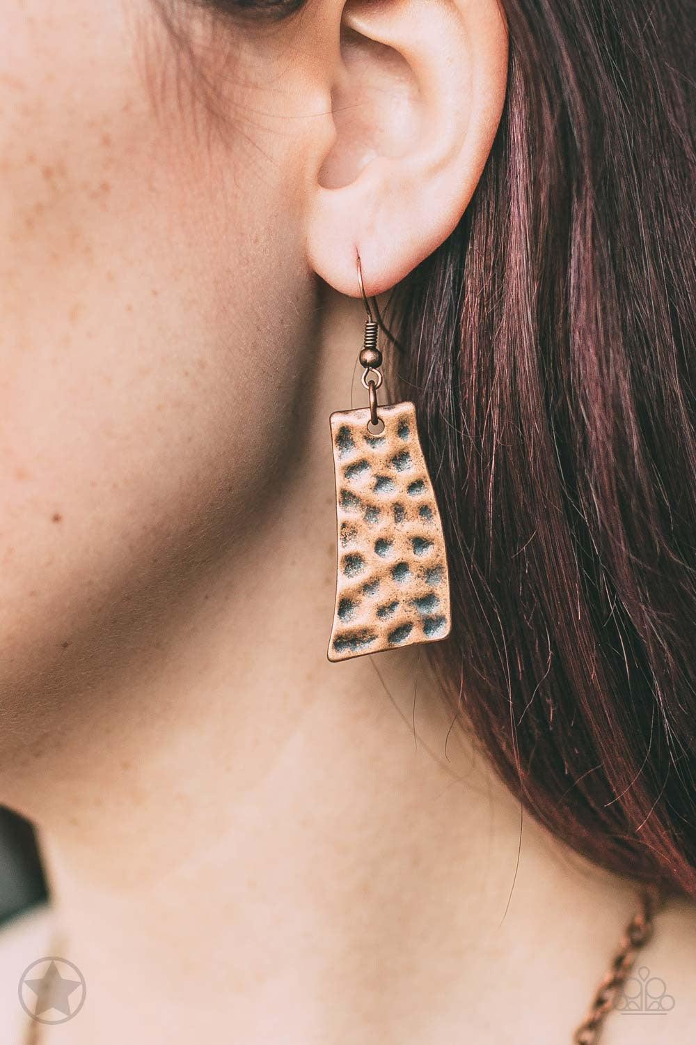 Paparazzi Accessories A Fan Of The Tribe Abstract wavy plates of copper, silver, and brass are texturized with eye-catching hammered divots and alternating copper beads along a copper chain. Features an adjustable clasp closure. Necklace