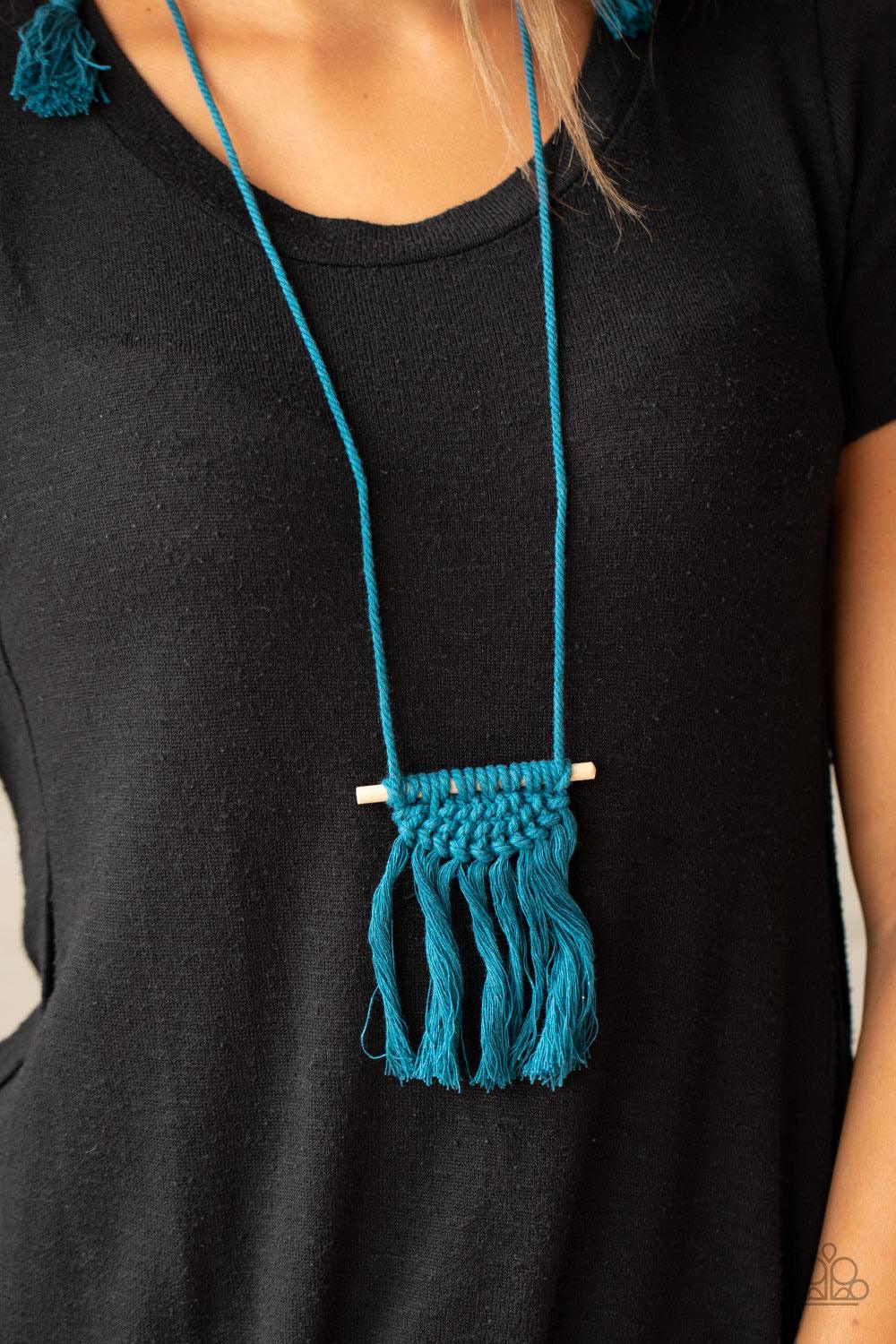 Paparazzi Accessories Between You and Macrame - Blue Refreshing Mosaic Blue cording delicately wraps around a dainty wooden dowel, knotting into a tasseled macramé centerpiece at the bottom of a dramatically lengthened display. Features an adjustable slid