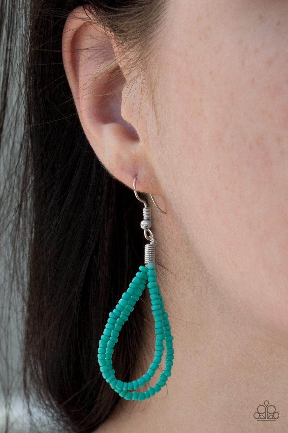 Paparazzi Accessories Bora Bombora - Blue Row after row of refreshing turquoise seed beads cascade down the chest, creating summery layers. Features an adjustable clasp closure. Sold as one individual necklace. Includes one pair of matching earrings. Jewe