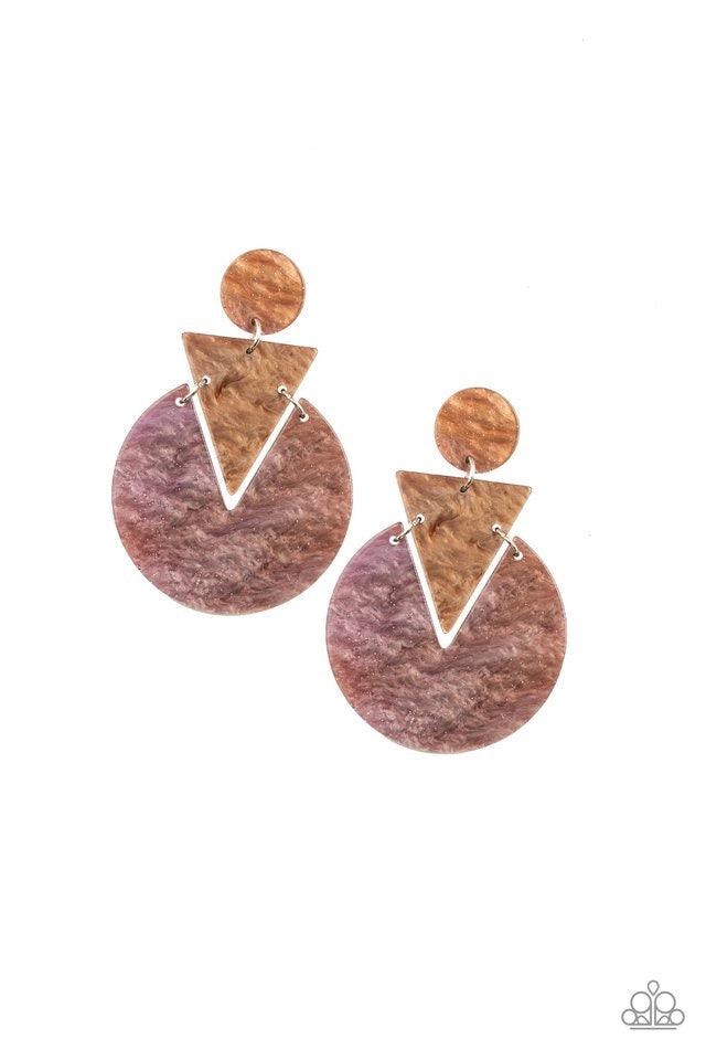 Paparazzi Accessories Head Under WATERCOLORS ~Multi Swirling with watercolor-like patterns, glittery brown acrylic frames connect into an abstract lure for a retro look. Colors may vary. Earring attaches to standard post fitting.