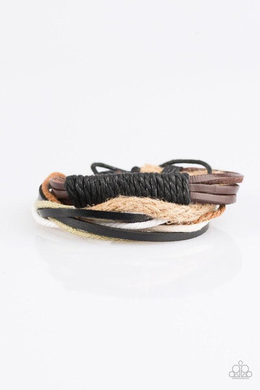 Paparazzi Accessories Forest Guide - Brown A mishmash of multicolored cording and black and knotted brown leather bands layer across the wrist for a rugged look. Features an adjustable sliding knot closure. Sold as one individual bracelet. Jewelry