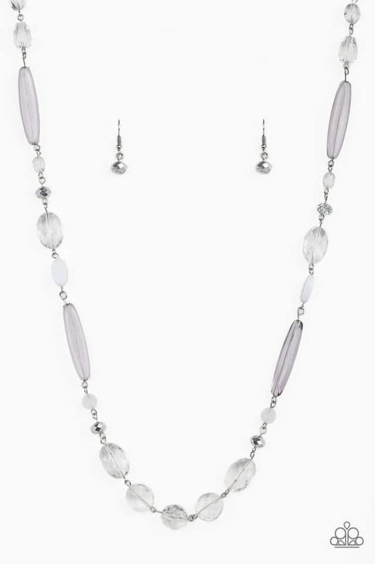 Paparazzi Accessories Quite Quintessence - White Varying in shape and shimmer, faceted white and metallic crystal-like beads trickle down the chest for a whimsical look. Features an adjustable clasp closure. Sold as one individual necklace. Includes one p