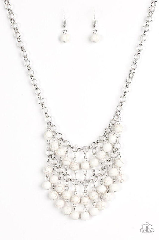 Paparazzi Accessories Jurassic Park Party - White Refreshing white stone beads swing from the bottom of a netted silver chain, creating a bold artisanal fringe below the collar. Features an adjustable clasp closure. Sold as one individual necklace. Includ