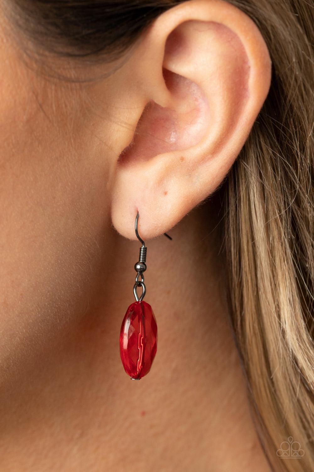 Paparazzi Accessories I Need A GLOW-cation - Red Strung between two matching red gem-like fittings, two glittery rows of red oval gems flank a strand of bold gunmetal chain below the collar for a flawlessly layered look. Features an adjustable clasp closu